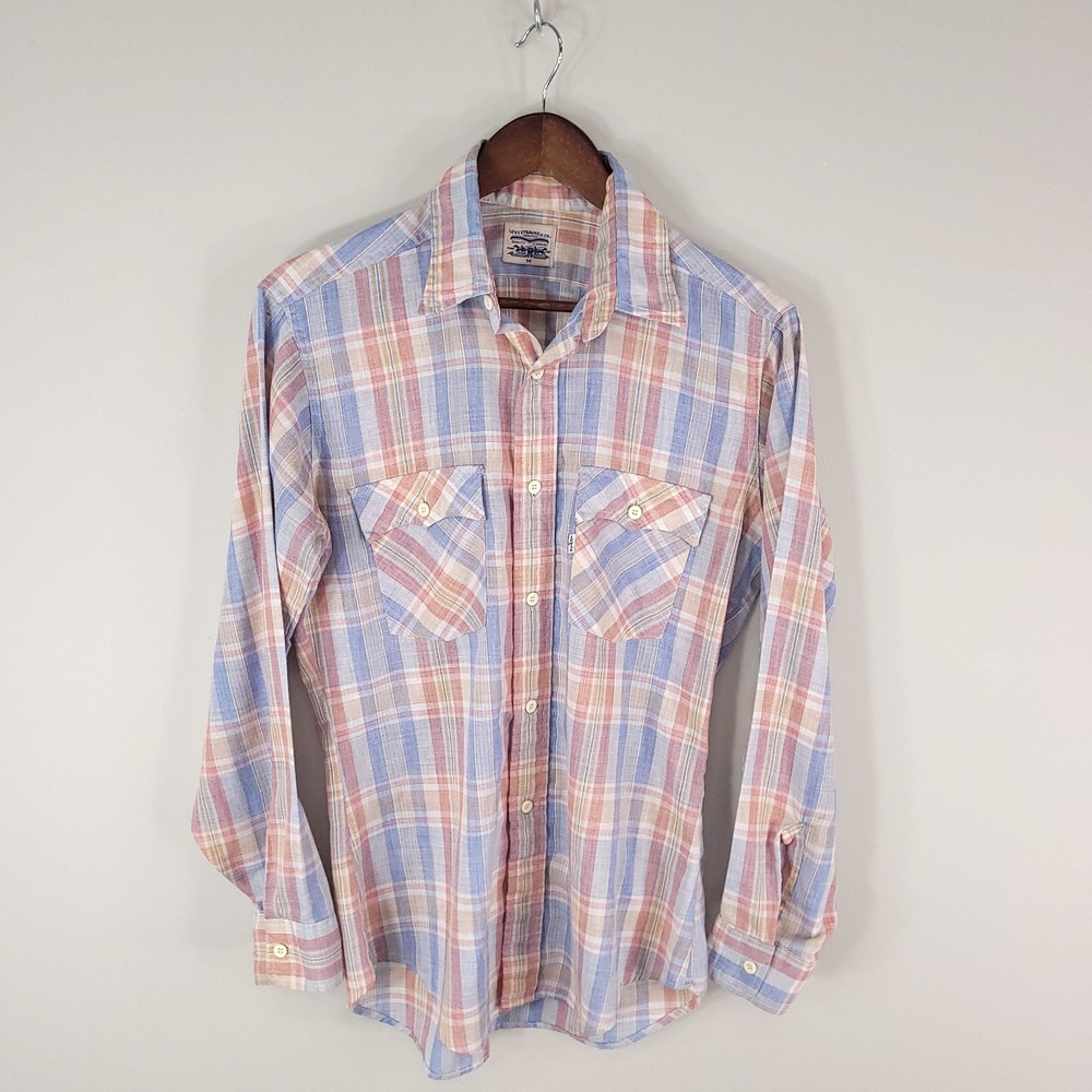 Vintage Levis Shirt Mens Medium‎ Blue Red Plaid White Tab Fortrel Western Work